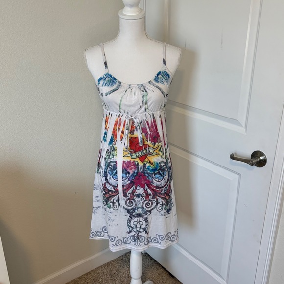 Tattoo Tattoo by Free Spirit Dresses & Skirts - Tattoo Tattoo by Free Spirit White Graphic Print Empire Waist Mini Dress Small